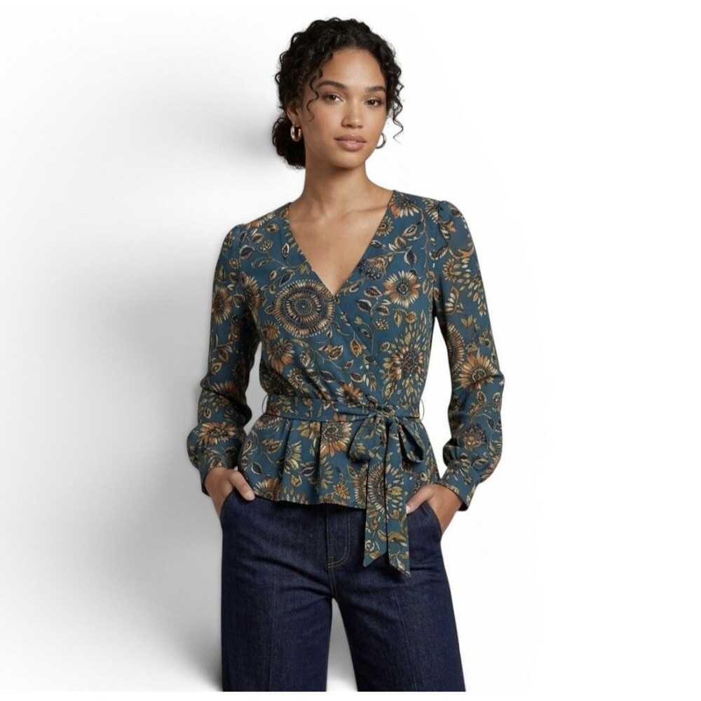 NWT Enfocus Studio Teal Floral Wrap Peplum Long Sleeve Blouse Top Size Small NEW